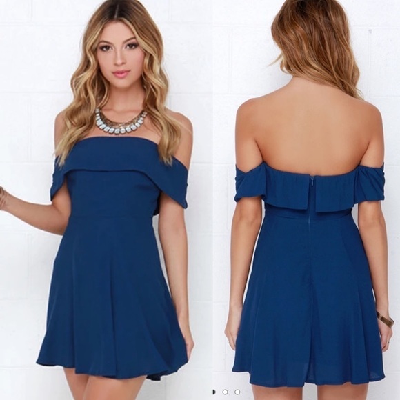LuLu's Crossroad Cutie Navy Blue Off-the-Shoulder Mini Dress Size Medium - Picture 1 of 16